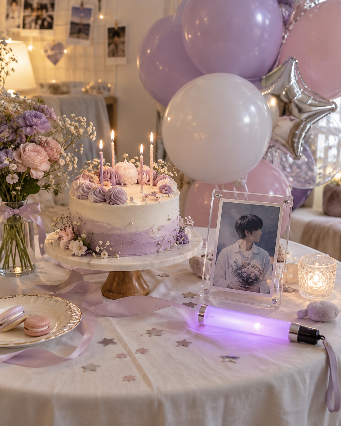 推しの誕生日を祝うケーキとペンライトの写真