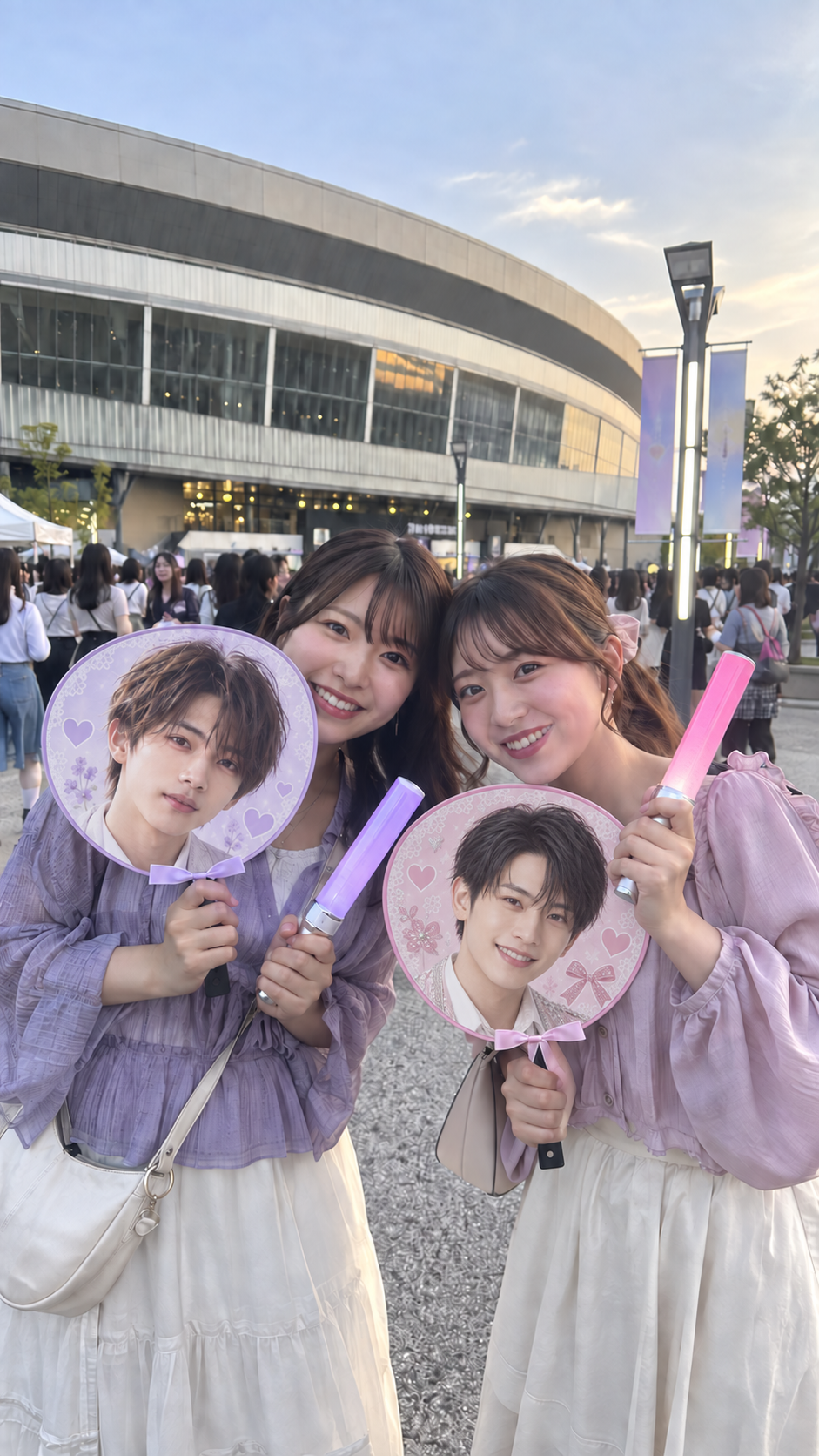 ライブ会場前で担当カラーの違う架空アイドルの顔うちわとペンライトを持つ友達同士の縦長写真