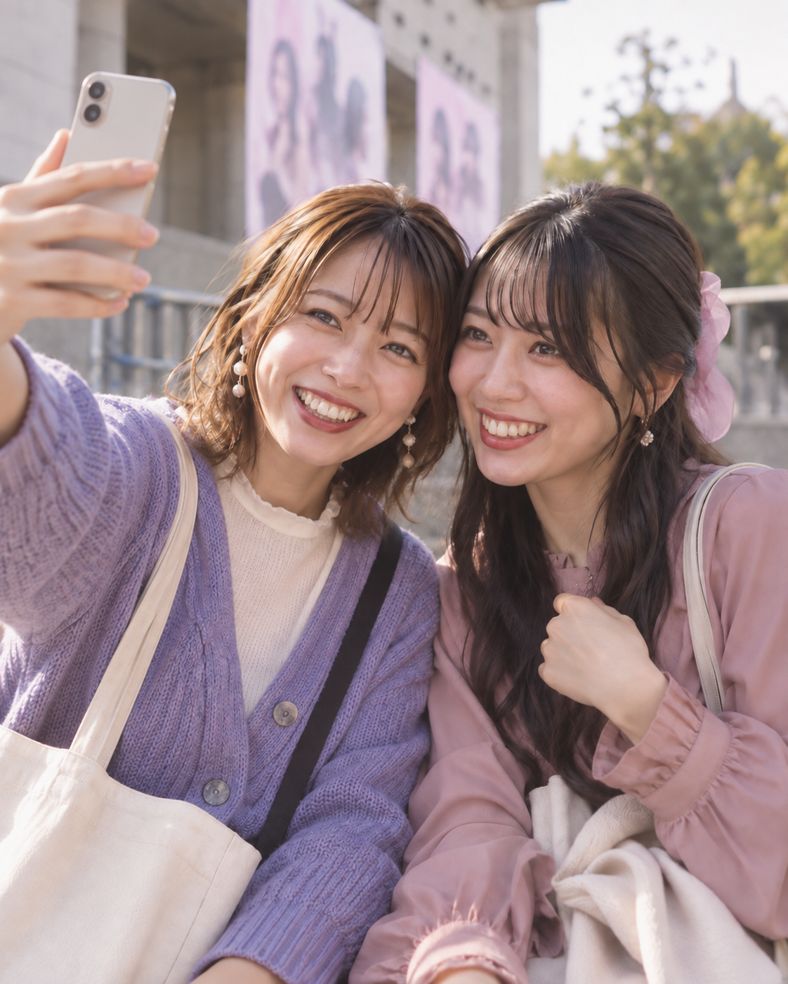 ライブ会場前で細身のスマートフォンを使って友達と自撮りする思い出写真