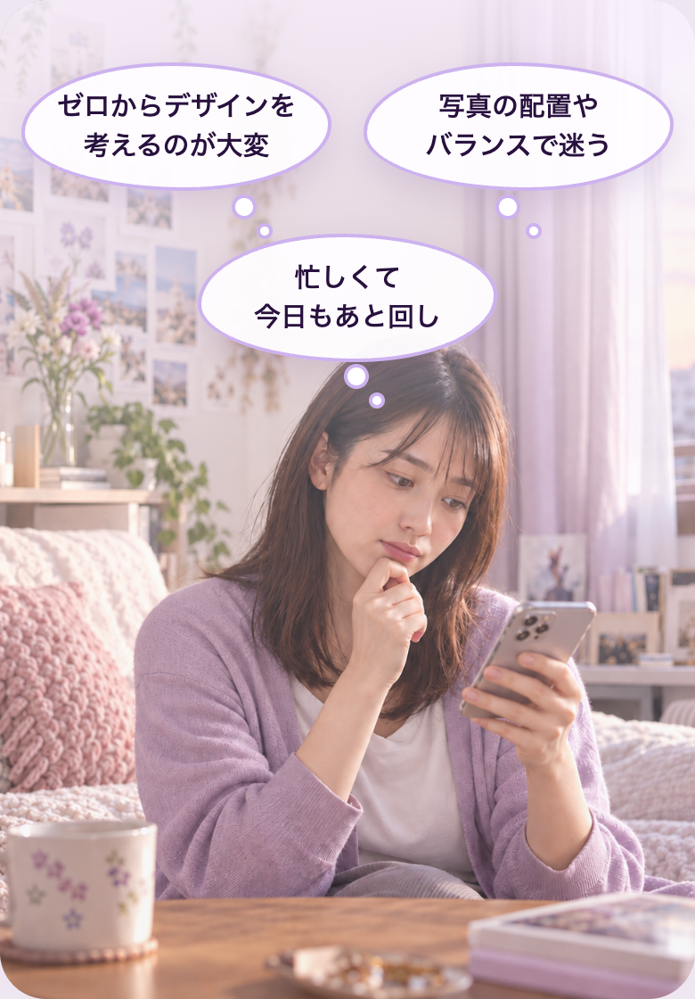 スマホを見ながら、ゼロからデザインを考えること、写真の配置やバランス、忙しくて後回しになることに悩む女性
